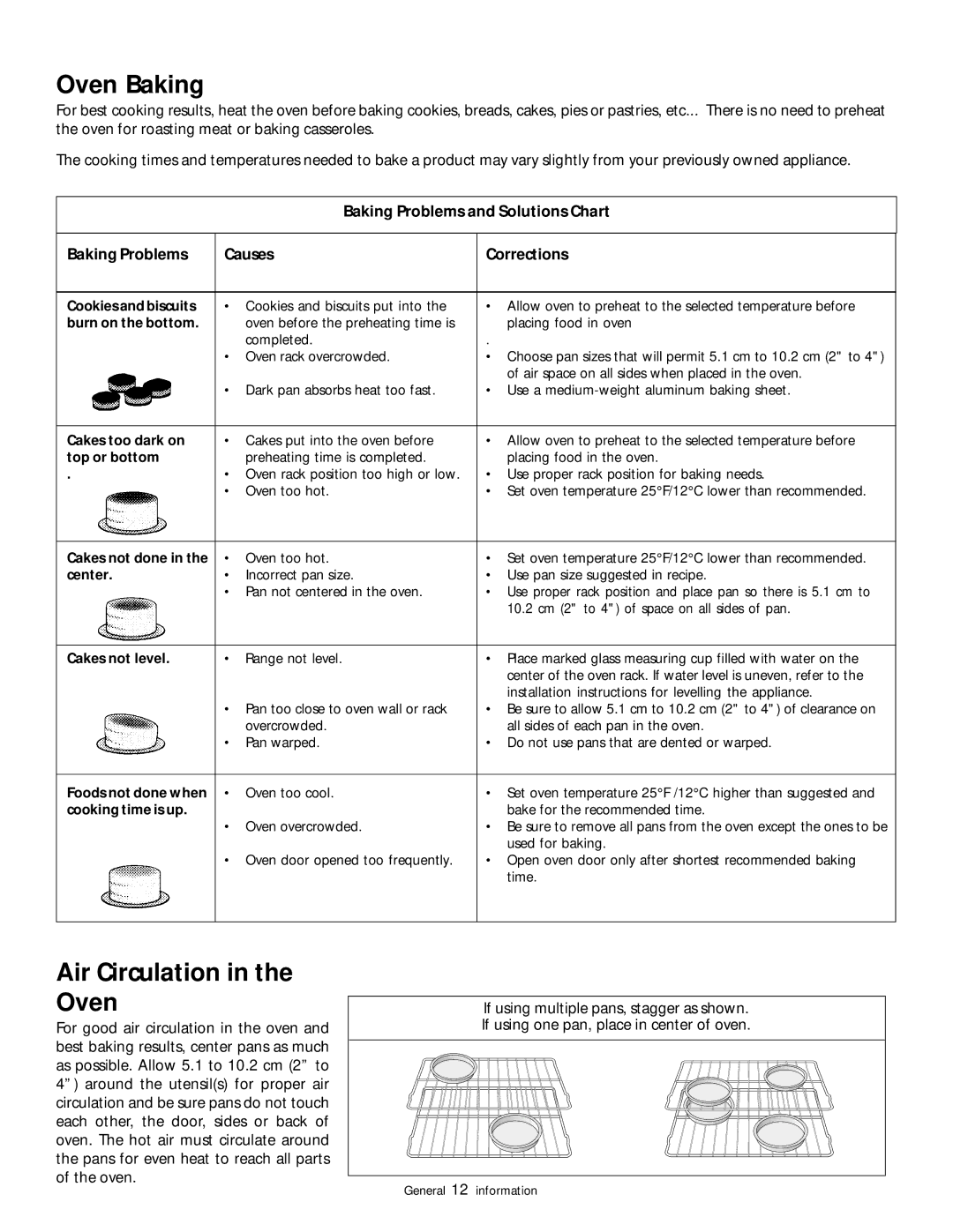 Frigidaire 318200852 Oven Baking, Air Circulation in the Oven, Baking Problems and Solutions Chart Causes Corrections 