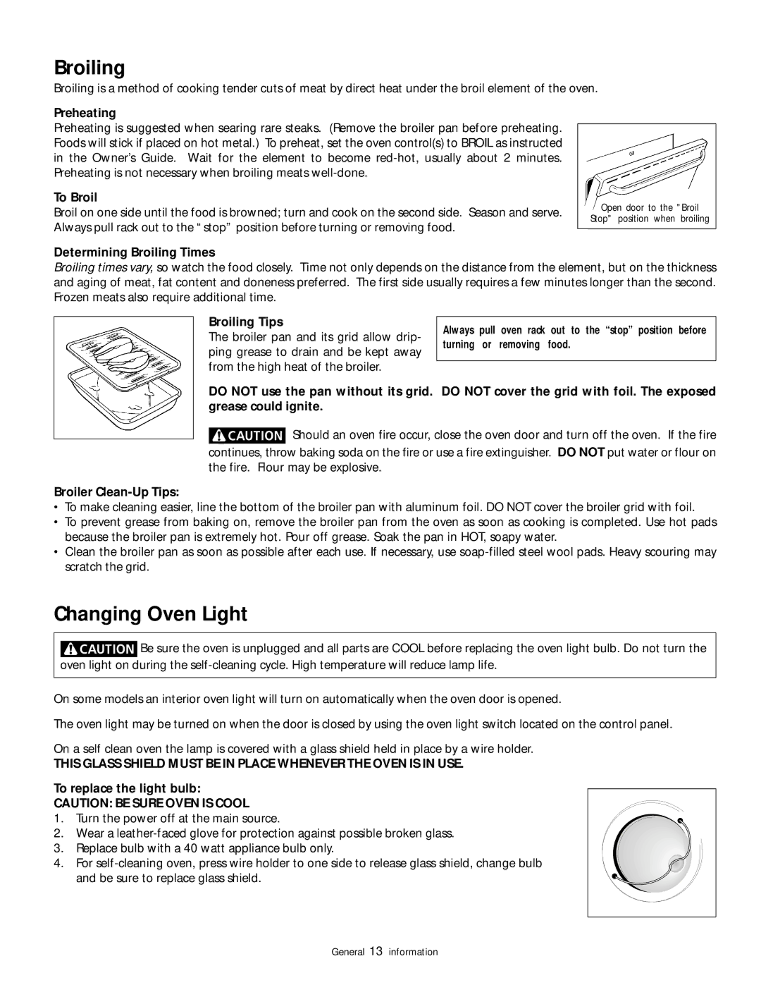 Frigidaire 318200852 warranty Broiling, Changing Oven Light 