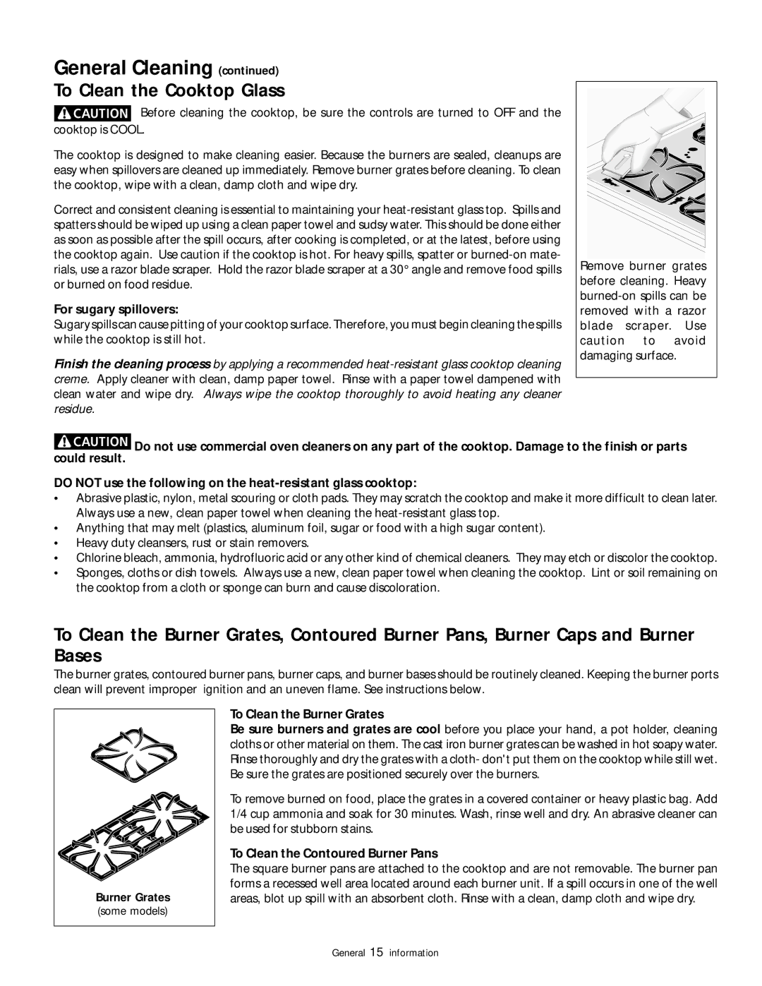 Frigidaire 318200852 warranty To Clean the Cooktop Glass, For sugary spillovers, To Clean the Burner Grates 