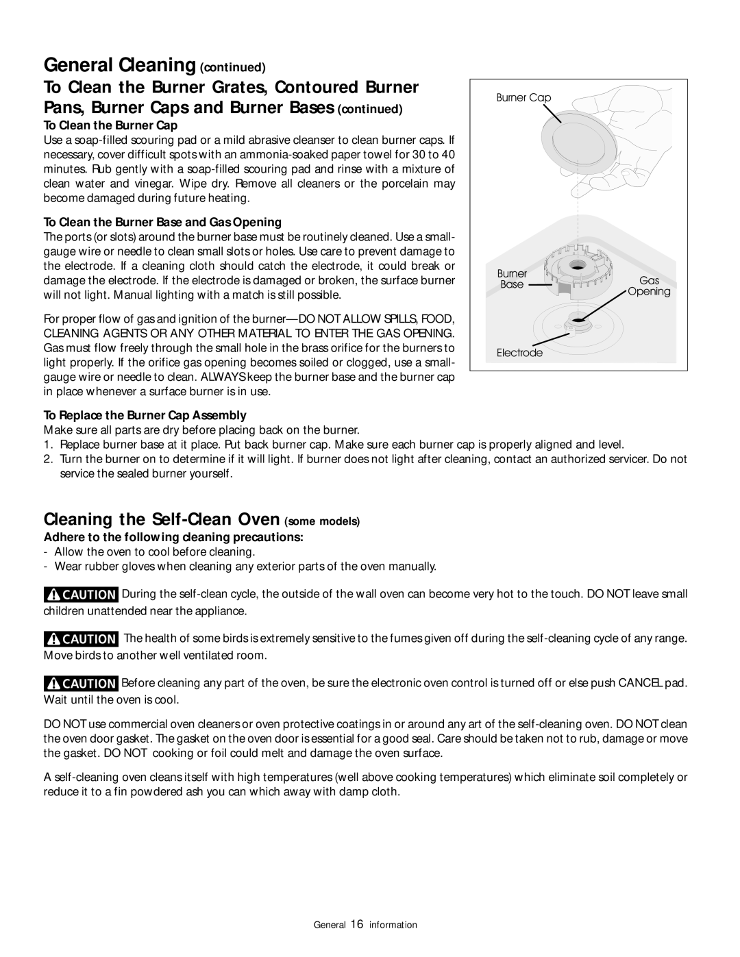 Frigidaire 318200852 Cleaning the Self-Clean Oven some models, To Clean the Burner Cap, To Replace the Burner Cap Assembly 