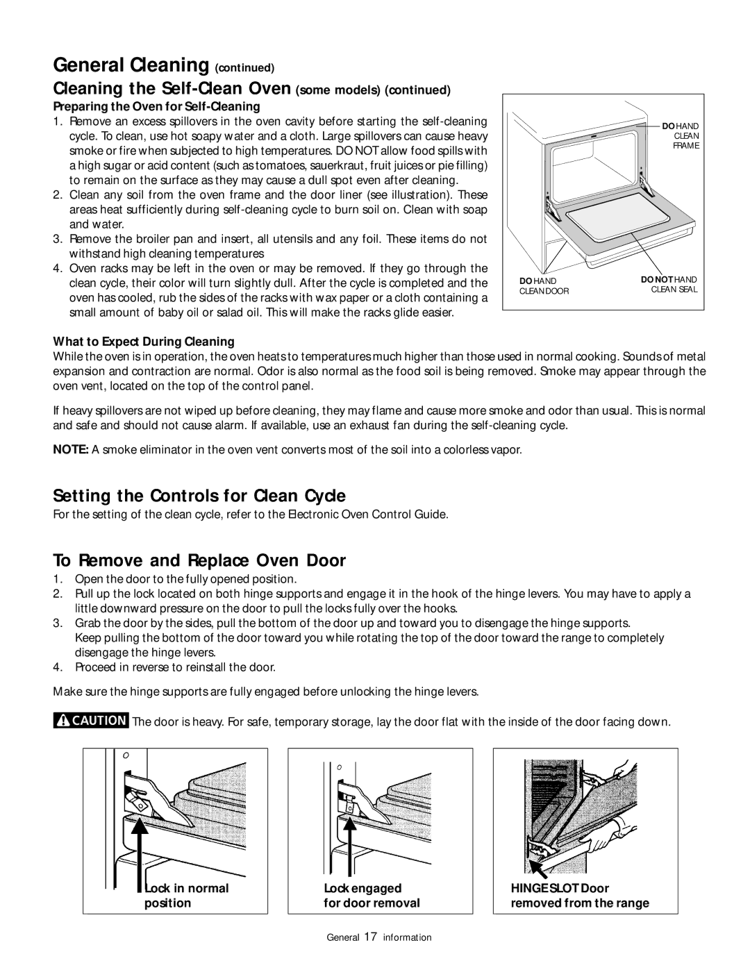 Frigidaire 318200852 Setting the Controls for Clean Cycle, To Remove and Replace Oven Door, What to Expect During Cleaning 