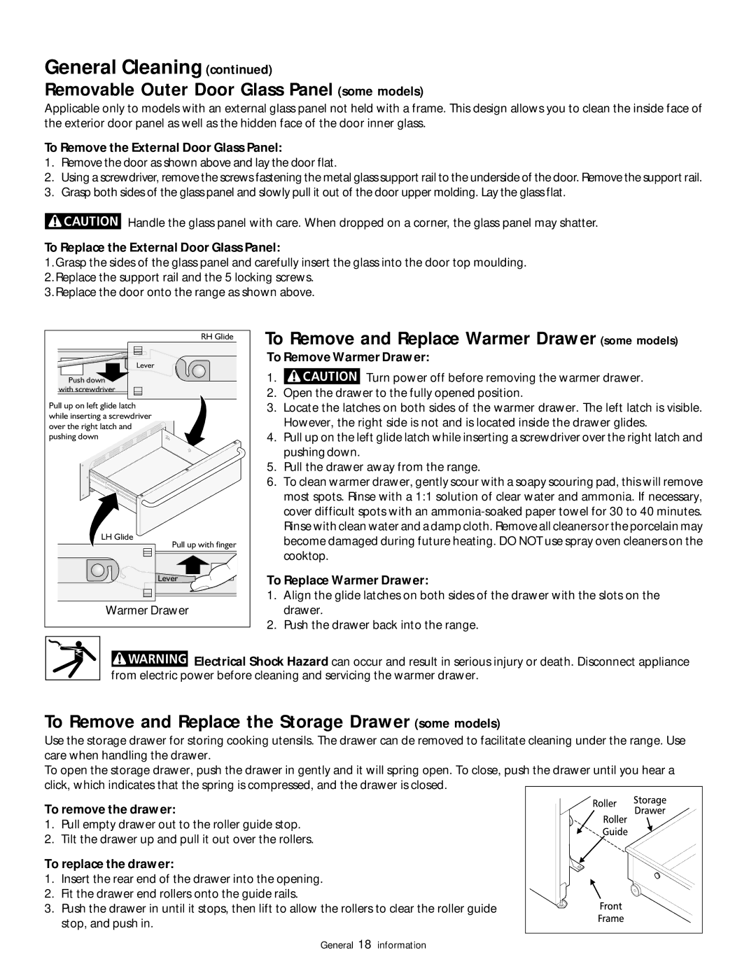 Frigidaire 318200852 warranty Removable Outer Door Glass Panel some models, To Remove and Replace Warmer Drawer some models 