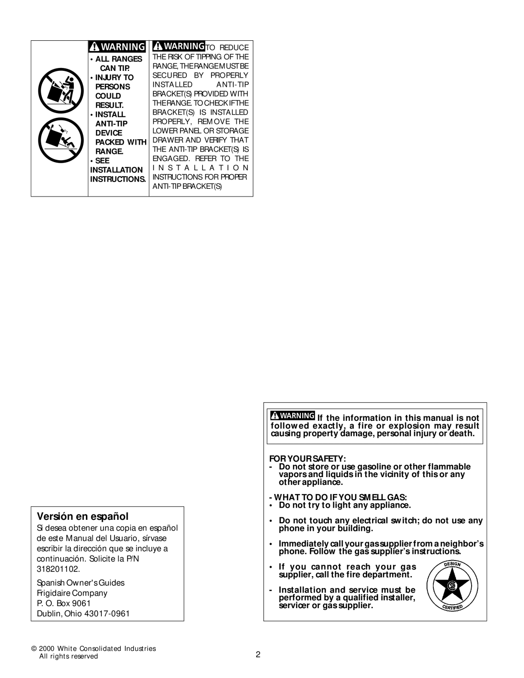 Frigidaire 318200852 warranty Versión en español, For Your Safety 