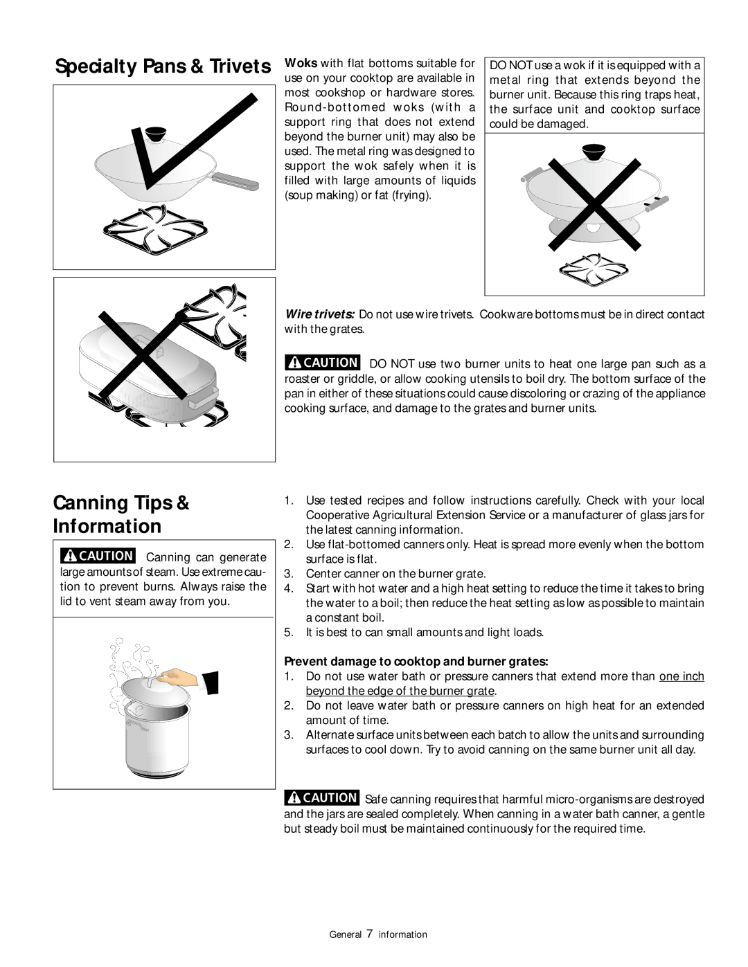 Frigidaire 318200852 warranty Canning Tips Information, Prevent damage to cooktop and burner grates 