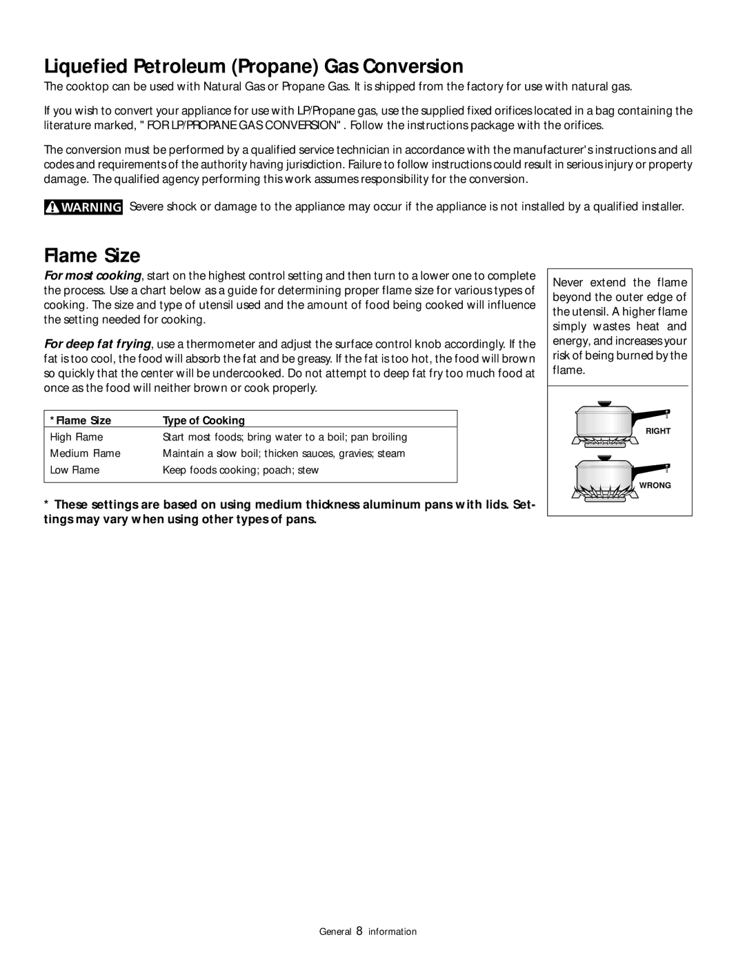 Frigidaire 318200852 warranty Liquefied Petroleum Propane Gas Conversion, Flame Size 