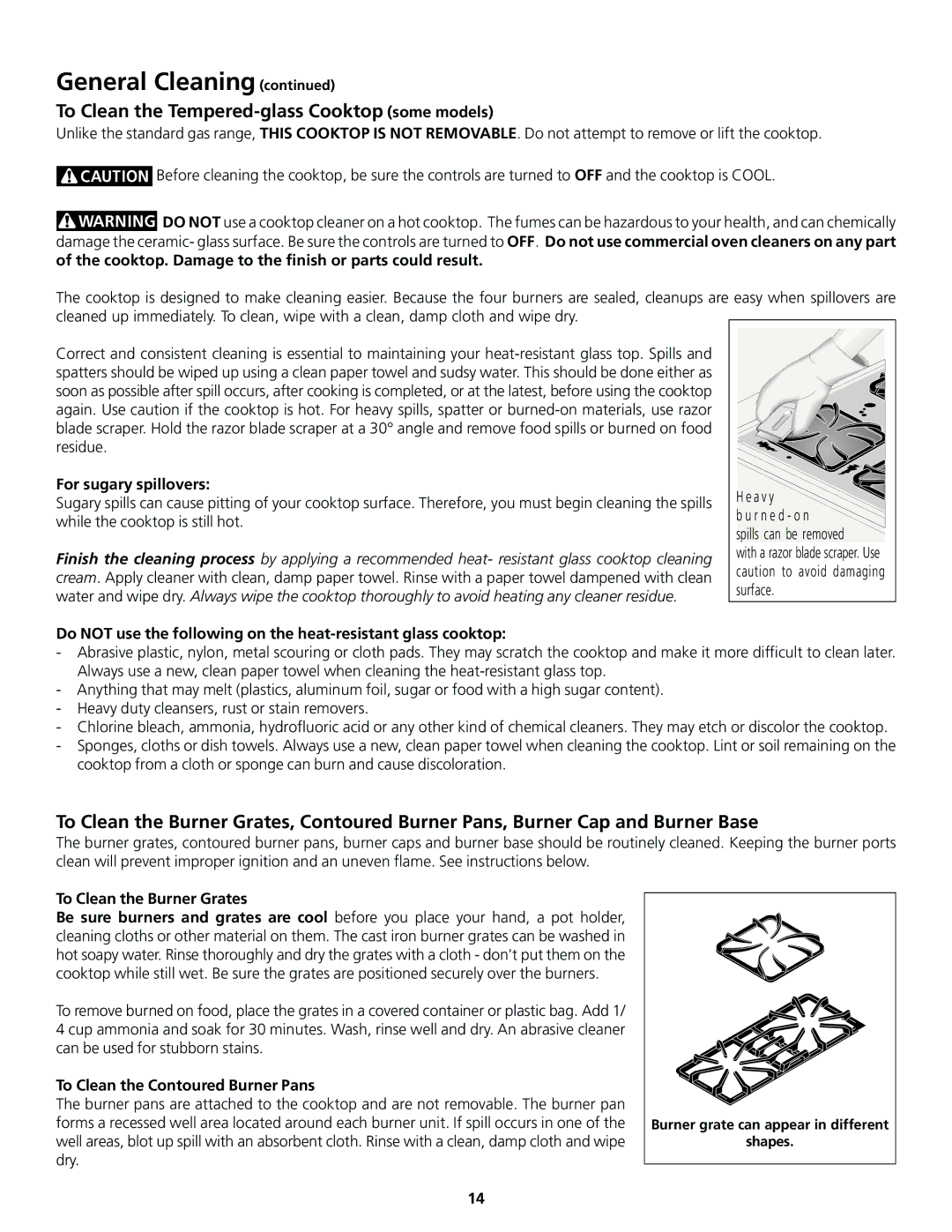 Frigidaire 318200858 To Clean the Tempered-glass Cooktop some models, For sugary spillovers, To Clean the Burner Grates 