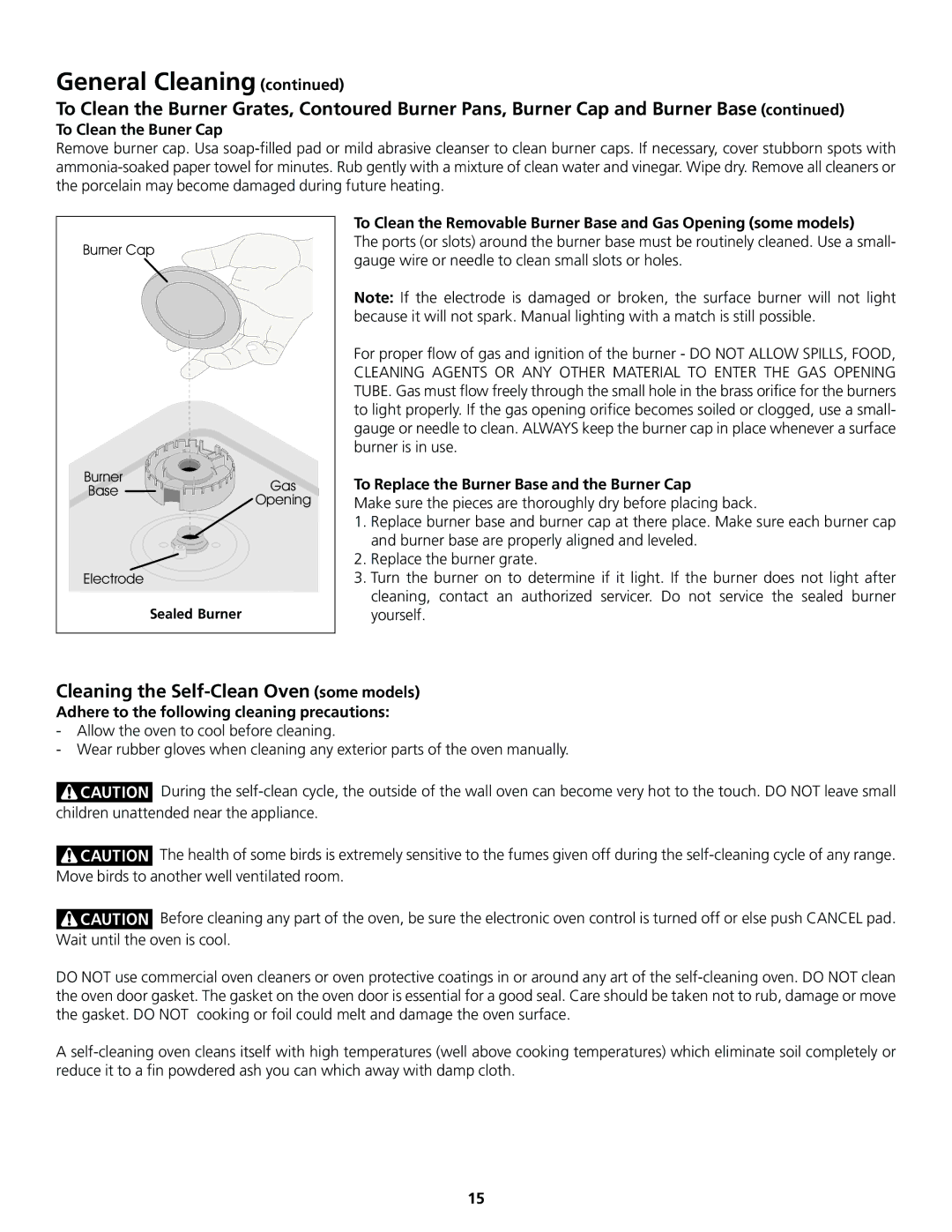 Frigidaire 318200858 important safety instructions Cleaning the Self-Clean Oven some models, To Clean the Buner Cap 