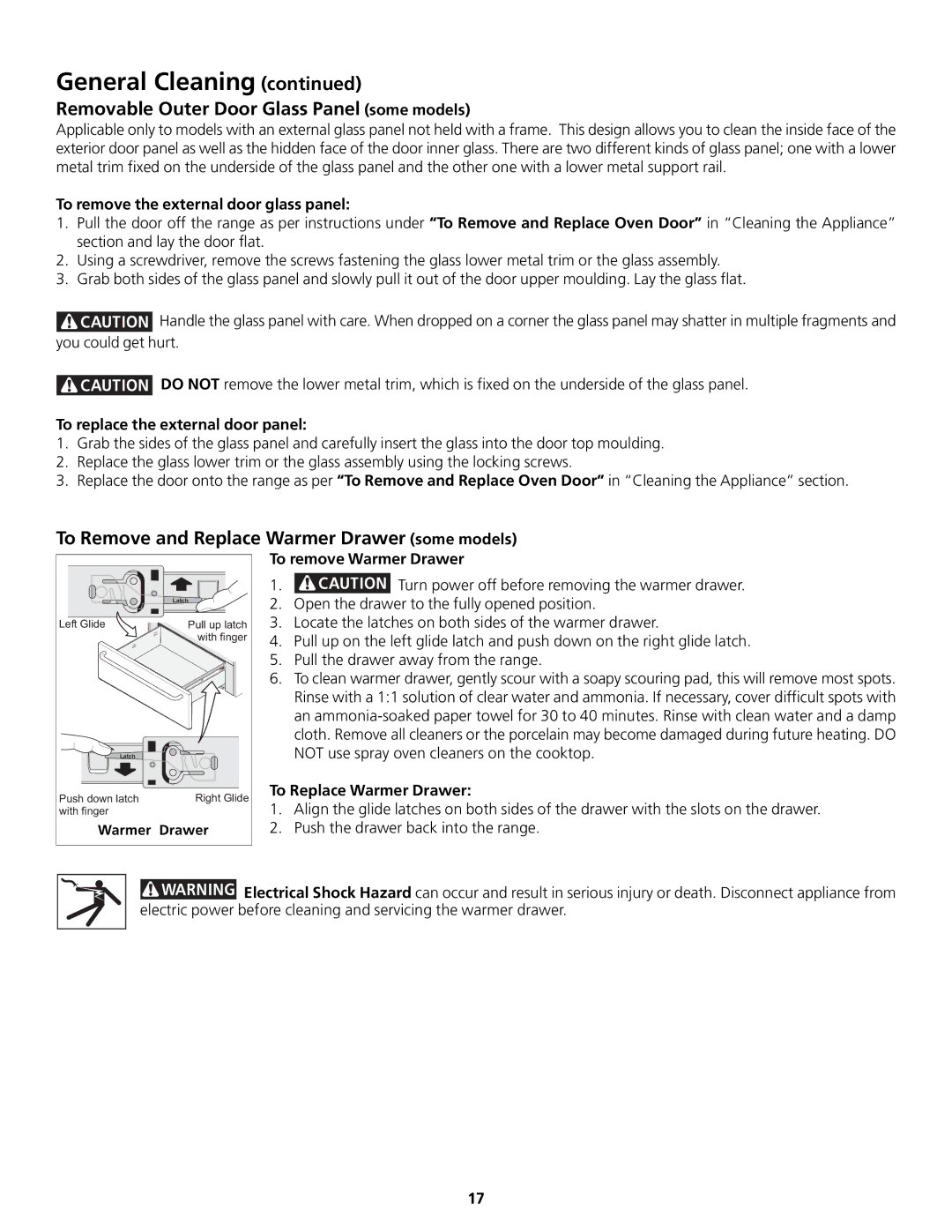 Frigidaire 318200858 Removable Outer Door Glass Panel some models, To Remove and Replace Warmer Drawer some models 