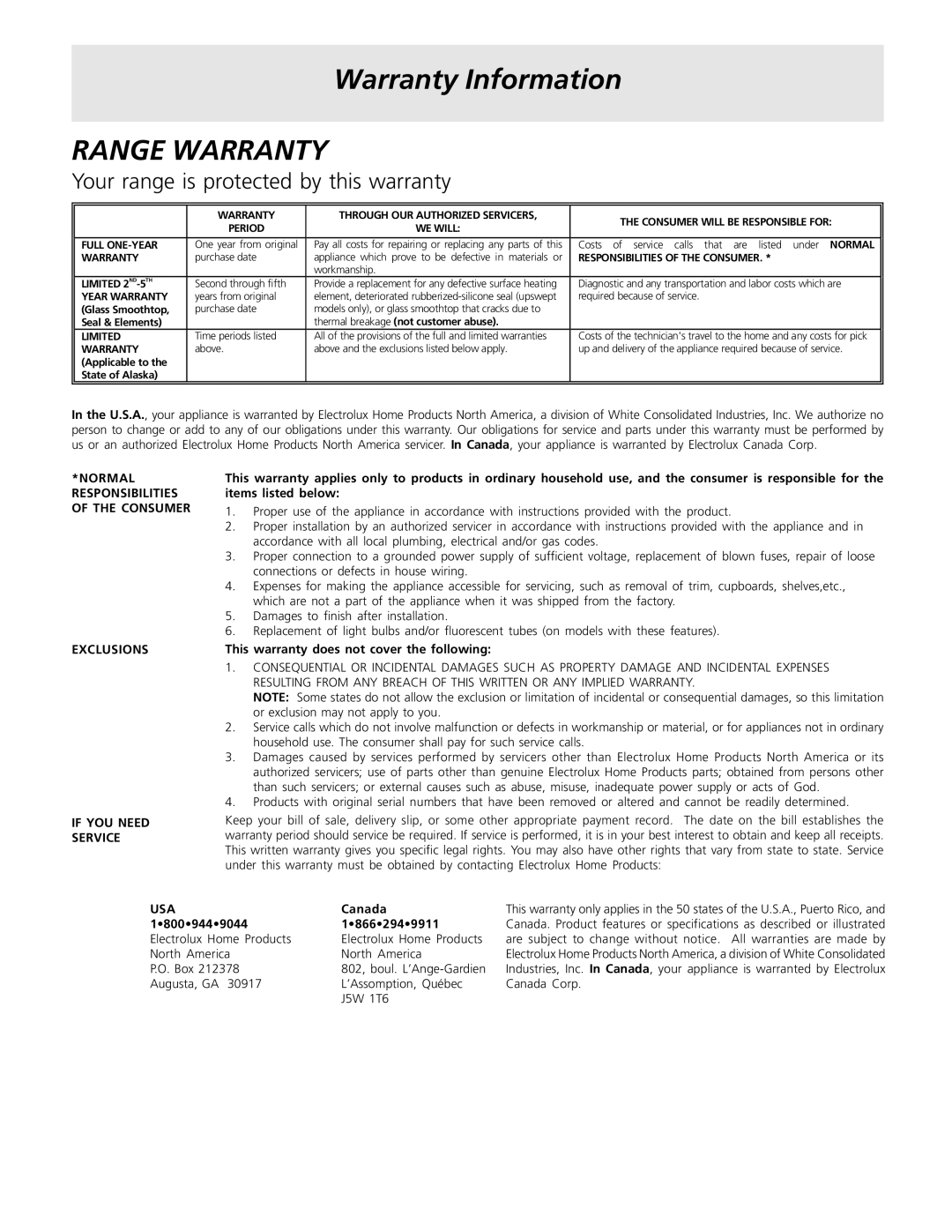 Frigidaire 318200858 important safety instructions Range Warranty 