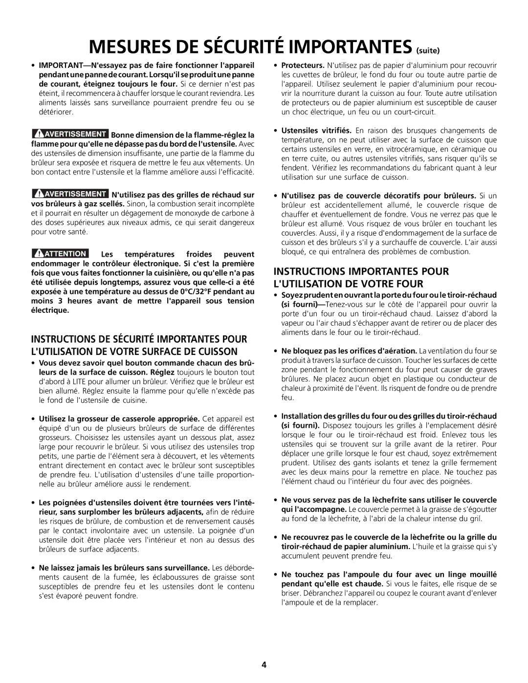 Frigidaire 318200858 important safety instructions Mesures DE Sécurité Importantes suite 