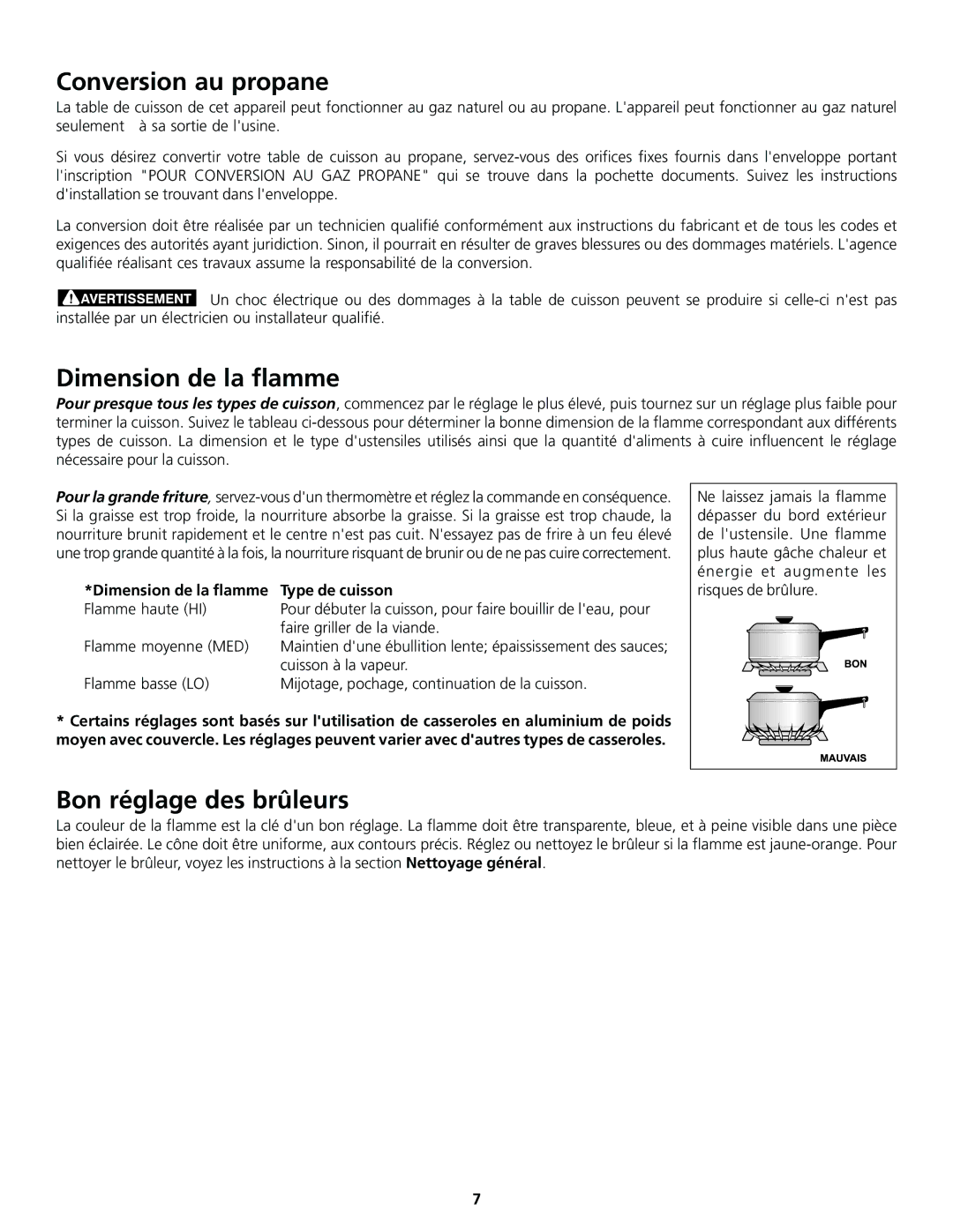 Frigidaire 318200858 Conversion au propane, Dimension de la flamme, Bon réglage des brûleurs, Cuisson à la vapeur 