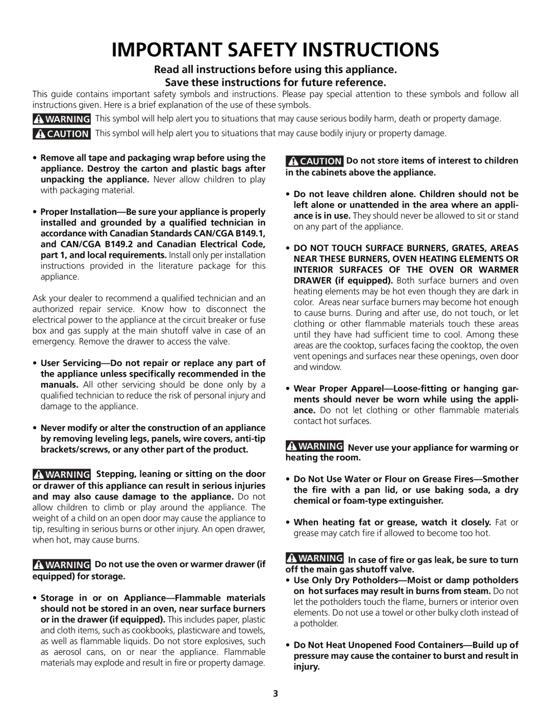 Frigidaire 318200858 important safety instructions Important Safety Instructions 