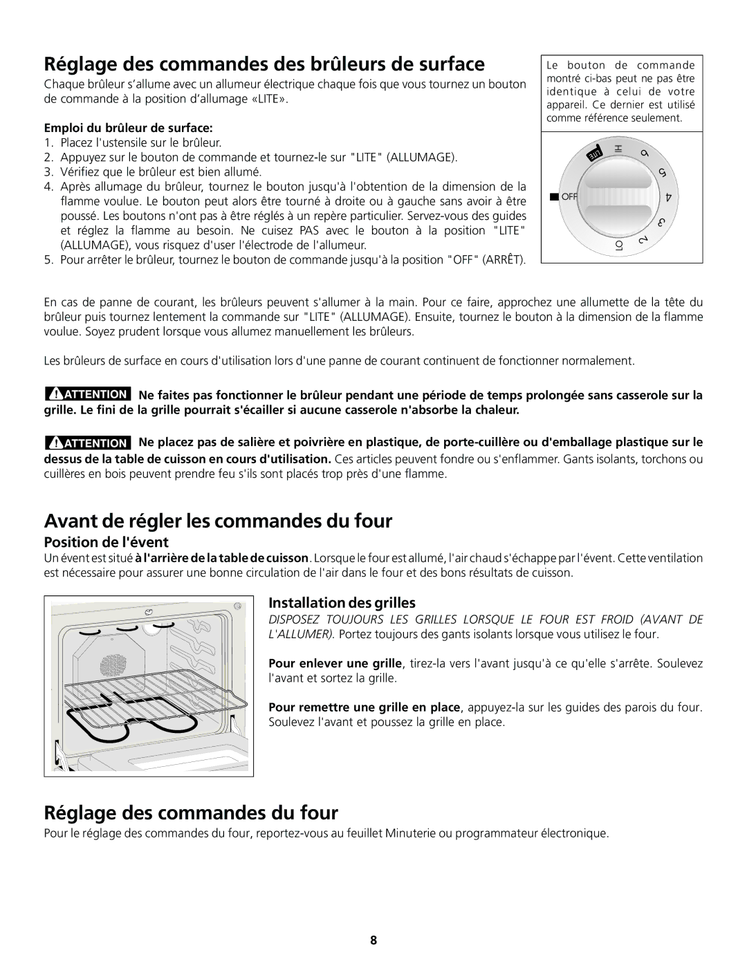 Frigidaire 318200858 Réglage des commandes des brûleurs de surface, Avant de régler les commandes du four 