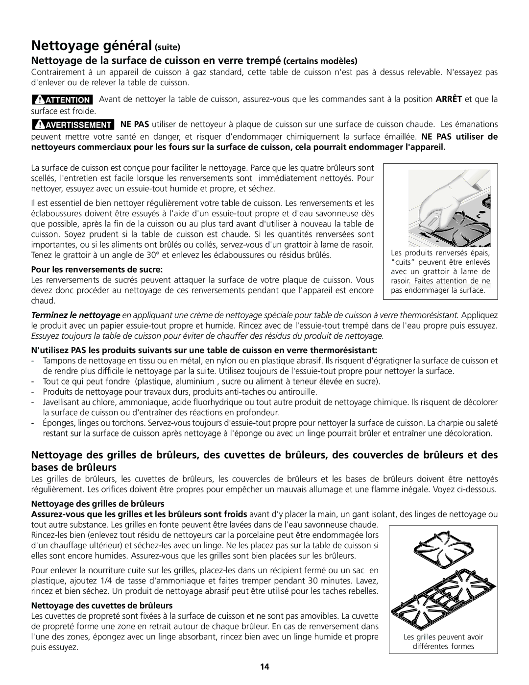 Frigidaire 318200858 Nettoyage général suite, Pour les renversements de sucre, Nettoyage des grilles de brûleurs 