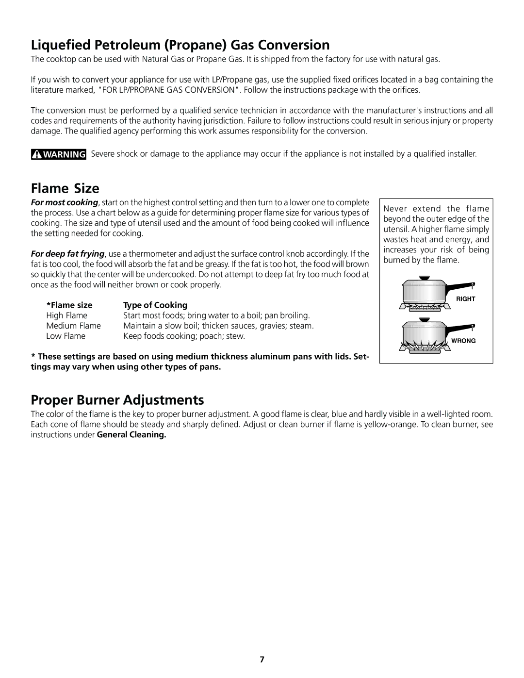 Frigidaire 318200858 Liquefied Petroleum Propane Gas Conversion, Flame Size, Proper Burner Adjustments 