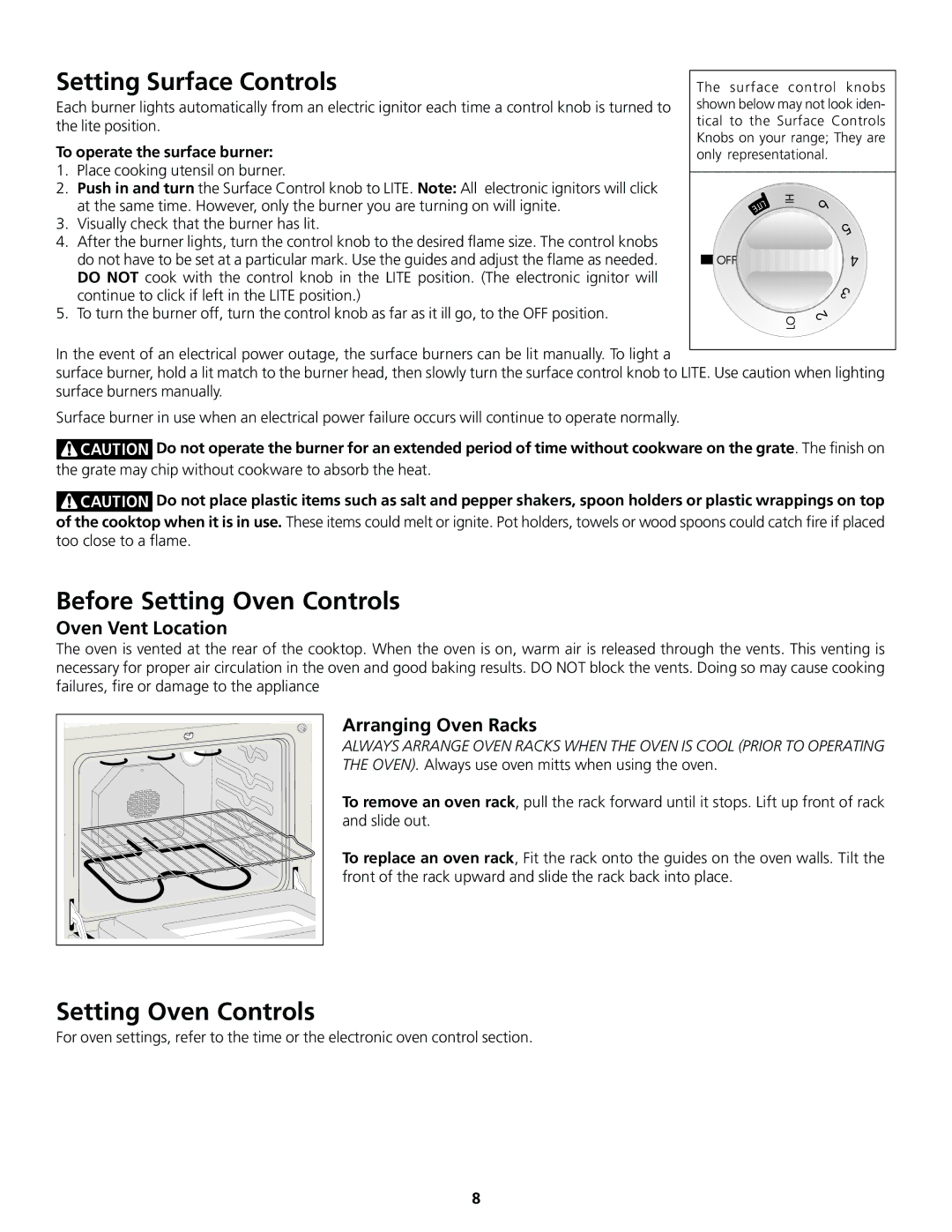 Frigidaire 318200858 Setting Surface Controls, Before Setting Oven Controls, Oven Vent Location, Arranging Oven Racks 