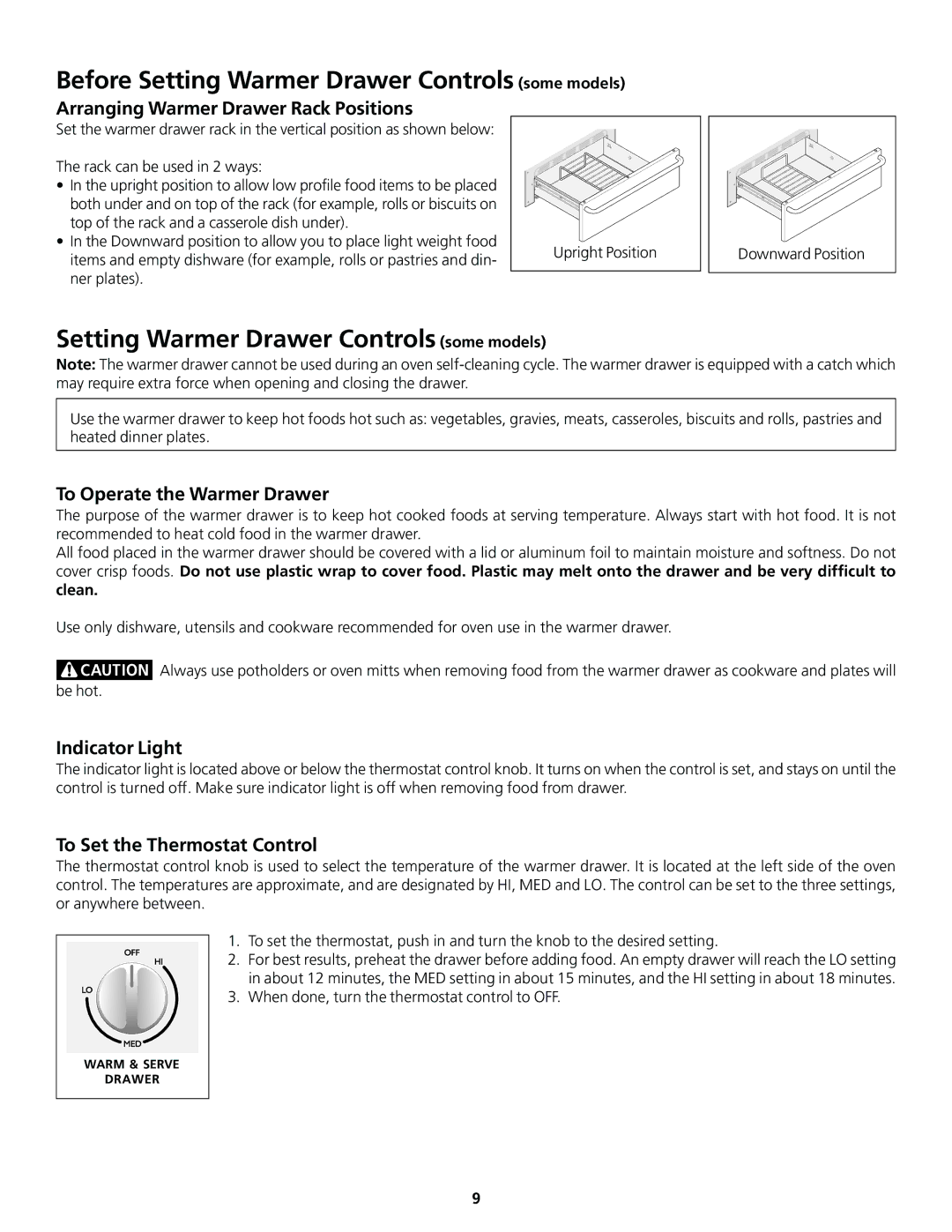 Frigidaire 318200858 important safety instructions Before Setting Warmer Drawer Controls some models 