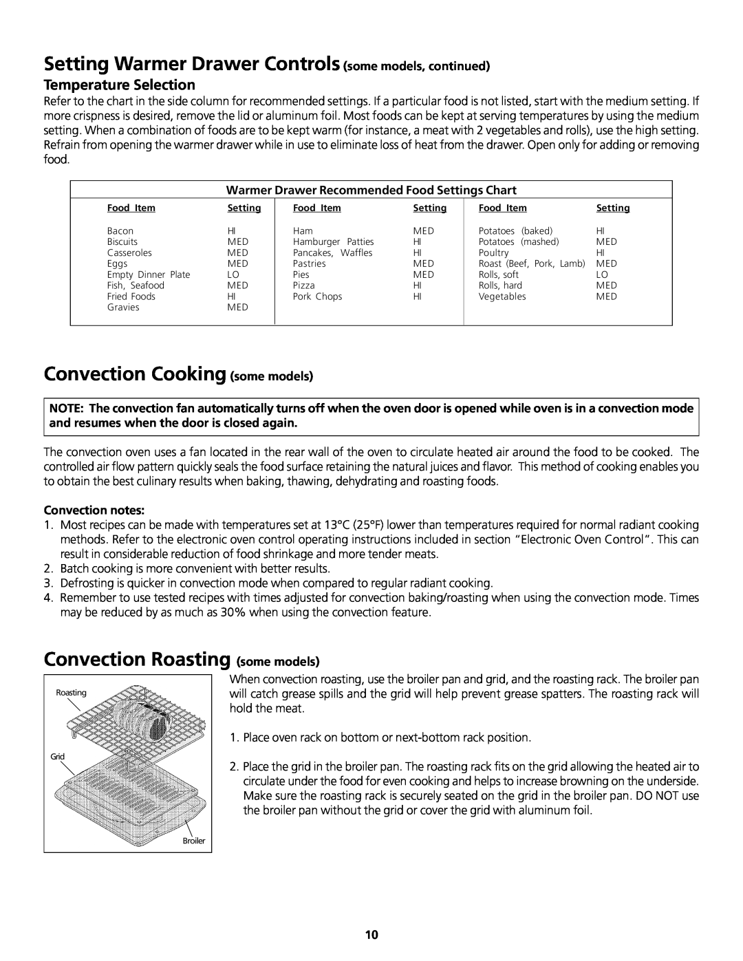 Frigidaire 318200858 Setting Warmer Drawer Controls some models, continued, Convection Cooking some models 