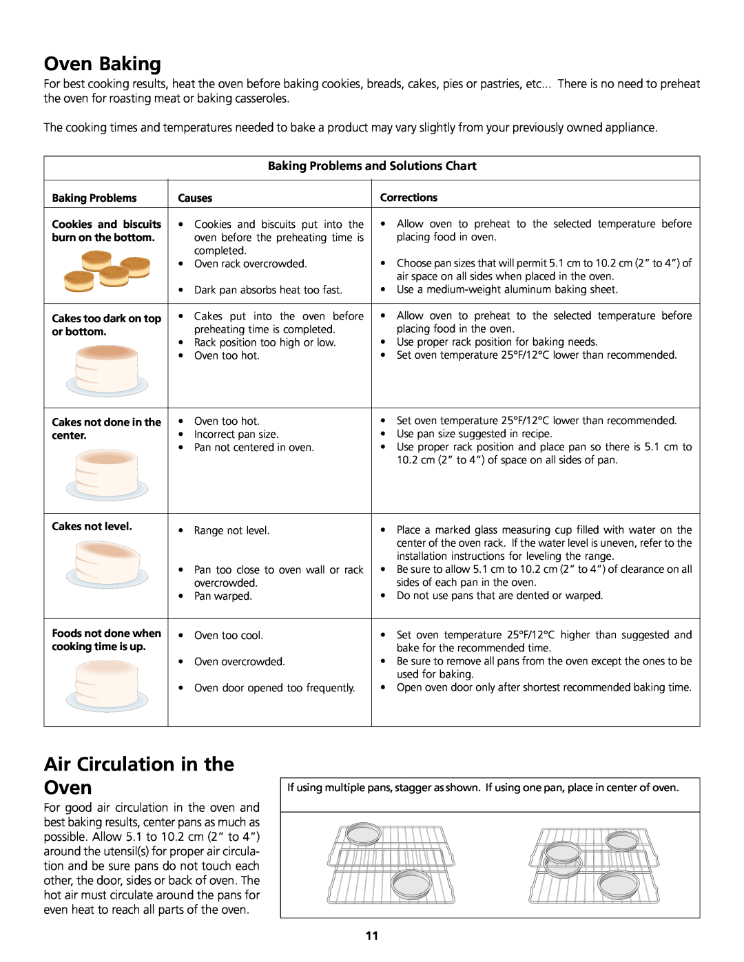 Frigidaire 318200858 Oven Baking, Air Circulation in the Oven, Baking Problems and Solutions Chart 