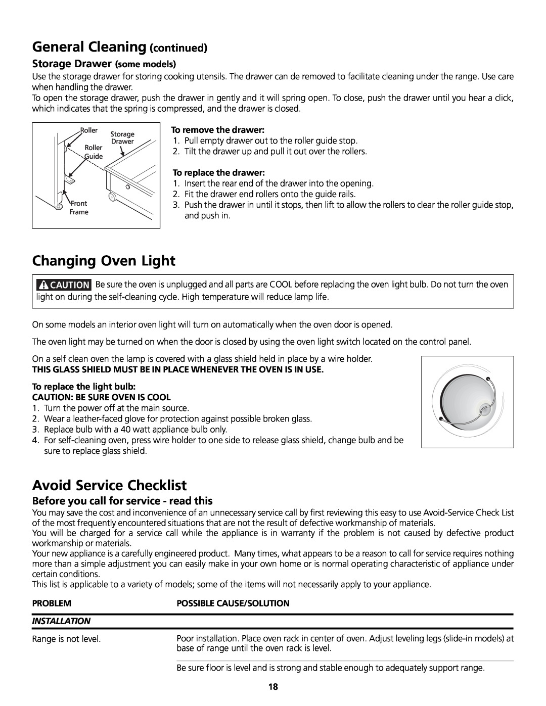 Frigidaire 318200858 Changing Oven Light, Avoid Service Checklist, Storage Drawer some models, To remove the drawer 
