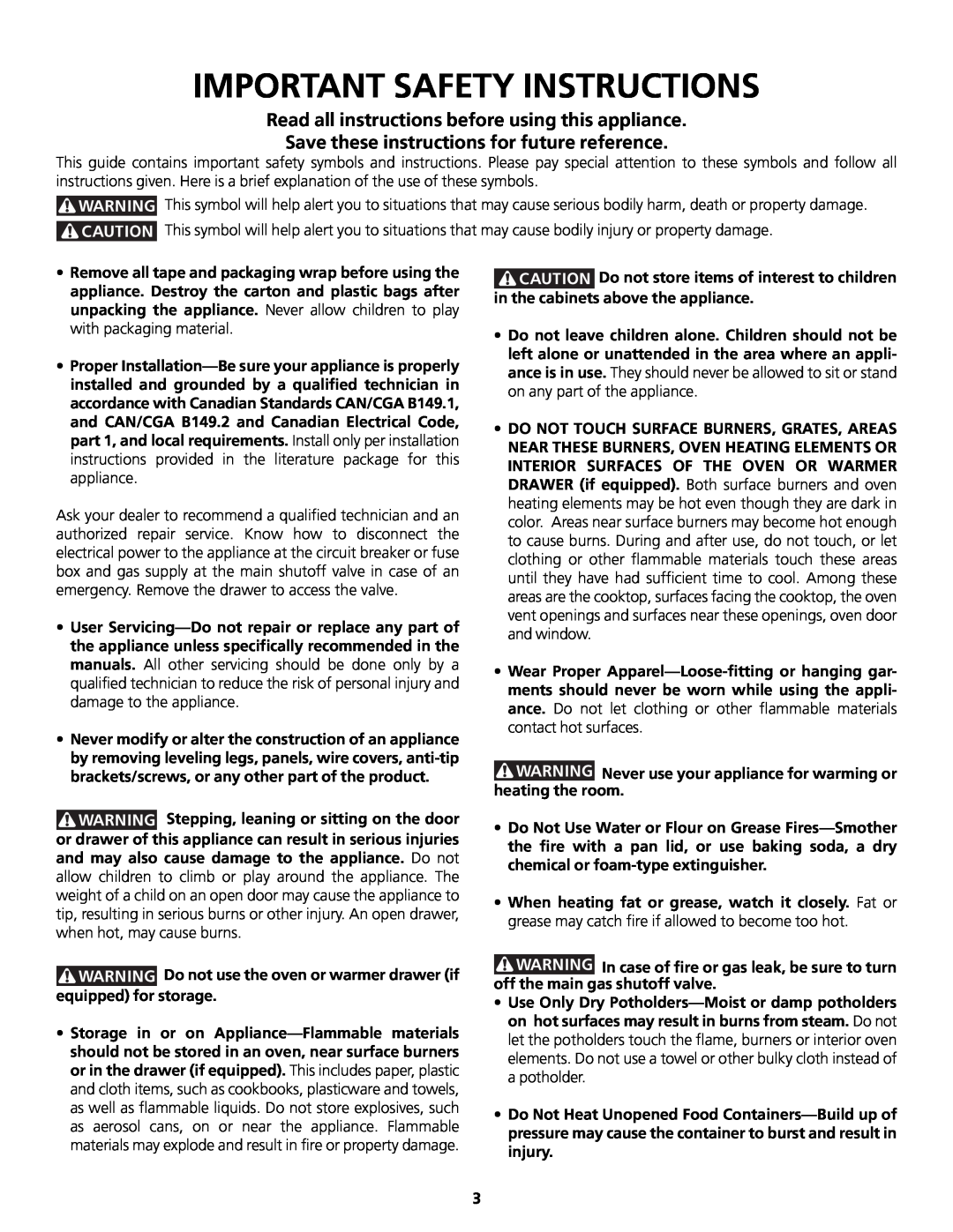 Frigidaire 318200858 Important Safety Instructions, Read all instructions before using this appliance 