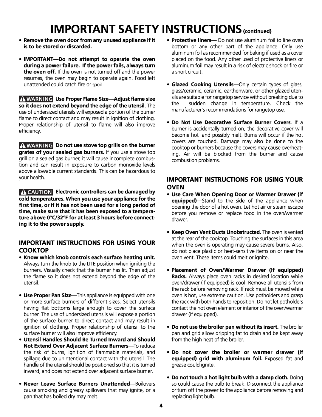 Frigidaire 318200858 IMPORTANT SAFETY INSTRUCTIONS continued, Important Instructions For Using Your Cooktop 