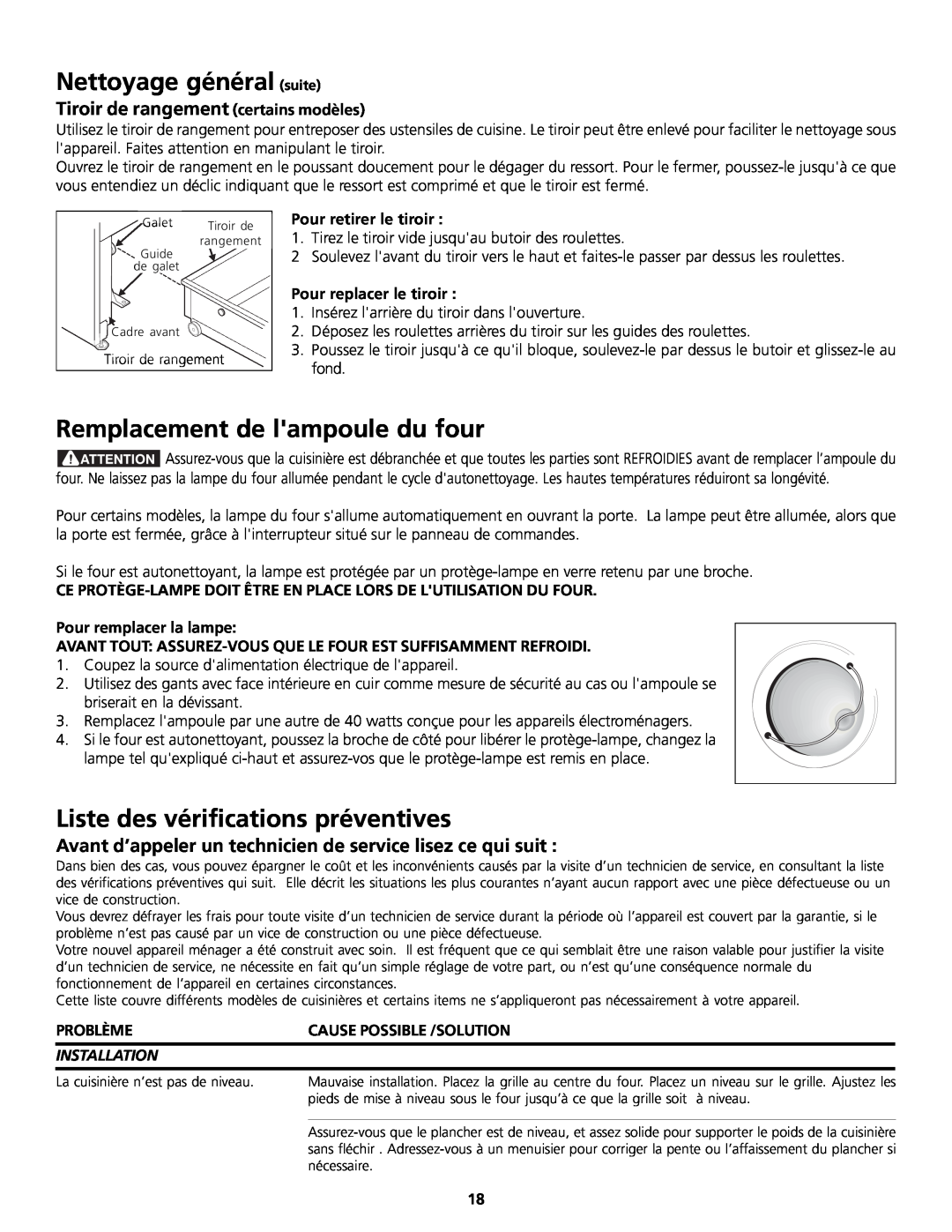 Frigidaire 318200858 Remplacement de lampoule du four, Liste des vérifications préventives, Pour retirer le tiroir 