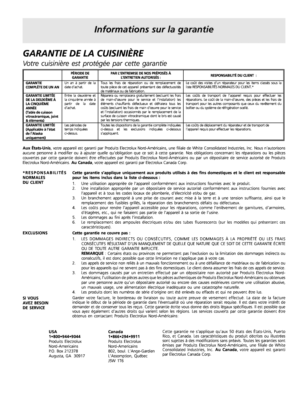 Frigidaire 318200858 Informations sur la garantie, Garantie De La Cuisinière, De Service, Cette garantie ne couvre pas 