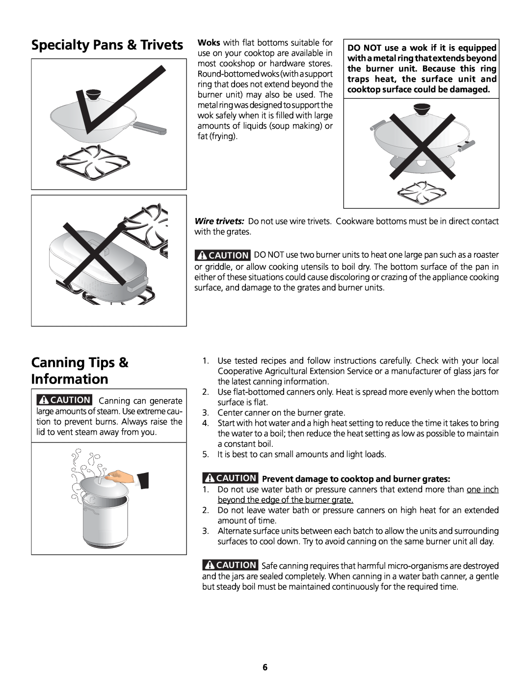Frigidaire 318200858 important safety instructions Canning Tips Information, Prevent damage to cooktop and burner grates 