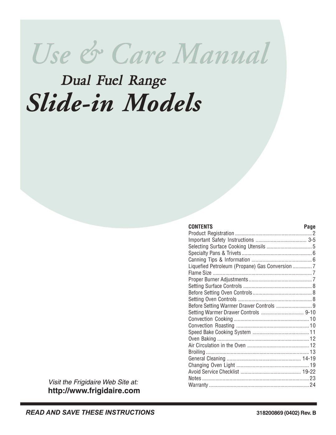 Frigidaire 318200869 manual Slide-in Models 