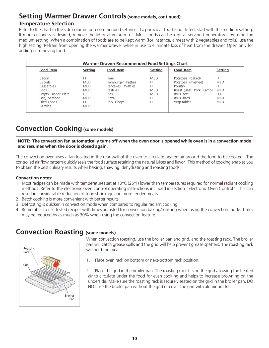 Frigidaire 318200869 manual Convection Cooking some models, Convection Roasting some models, Temperature Selection 