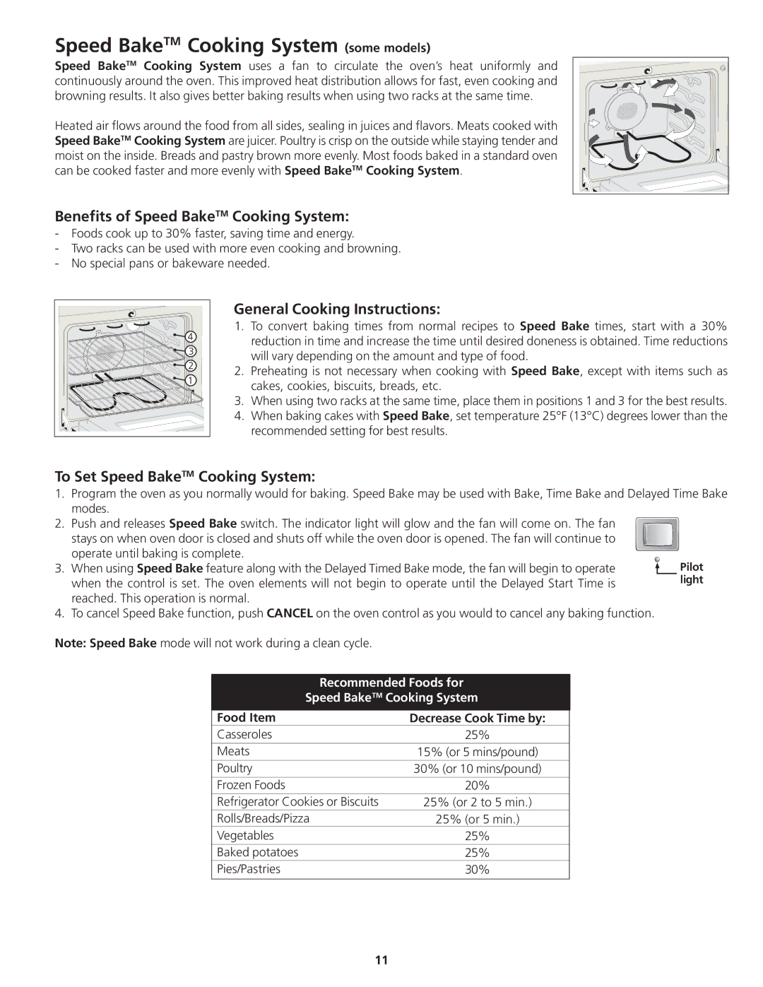 Frigidaire 318200869 manual Speed BakeTM Cooking System some models, Benefits of Speed BakeTM Cooking System, Food Item 