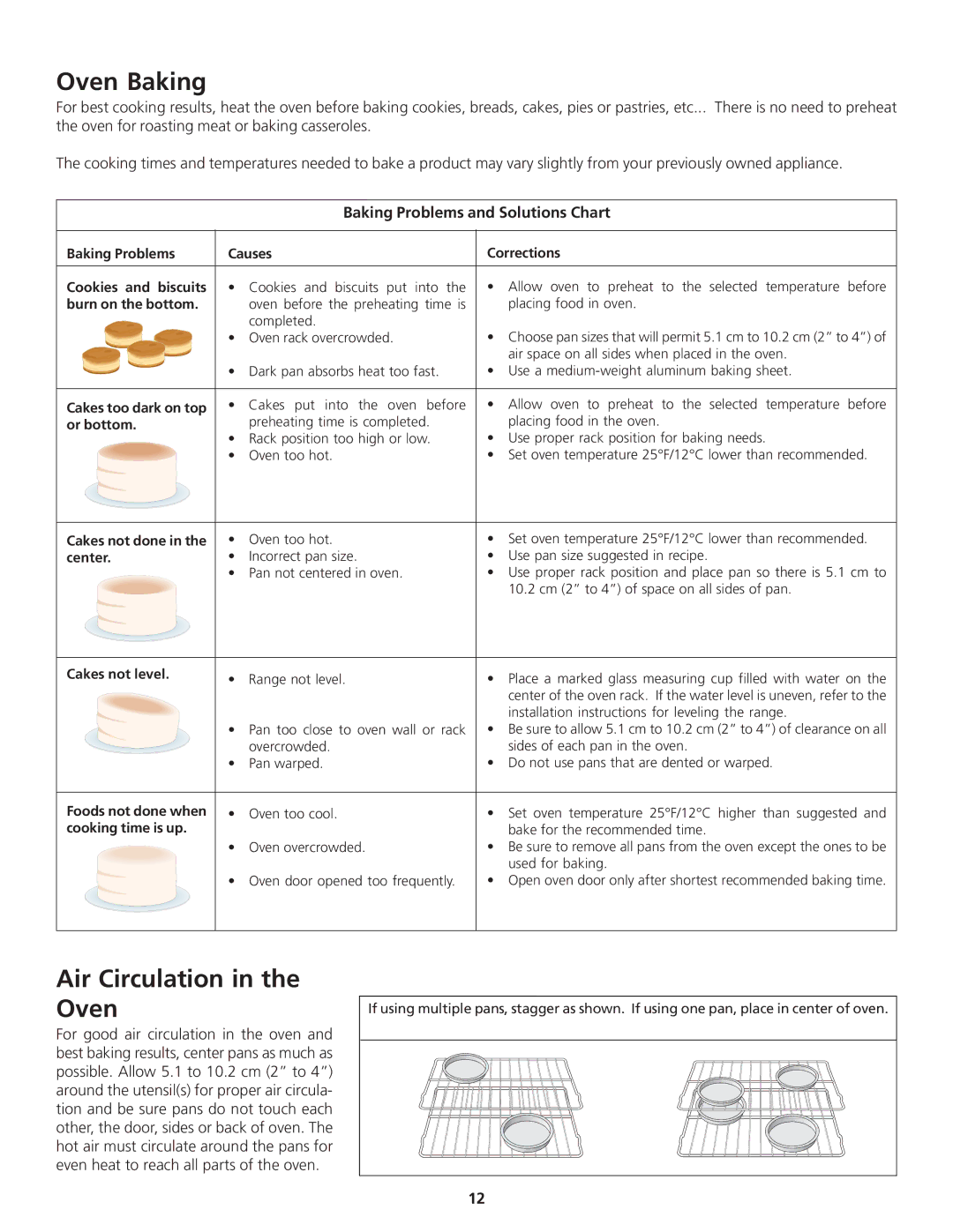 Frigidaire 318200869 manual Oven Baking, Air Circulation in the Oven, Baking Problems and Solutions Chart 