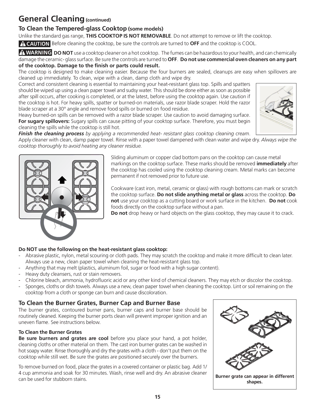 Frigidaire 318200869 manual To Clean the Tempered-glass Cooktop some models, To Clean the Burner Grates 