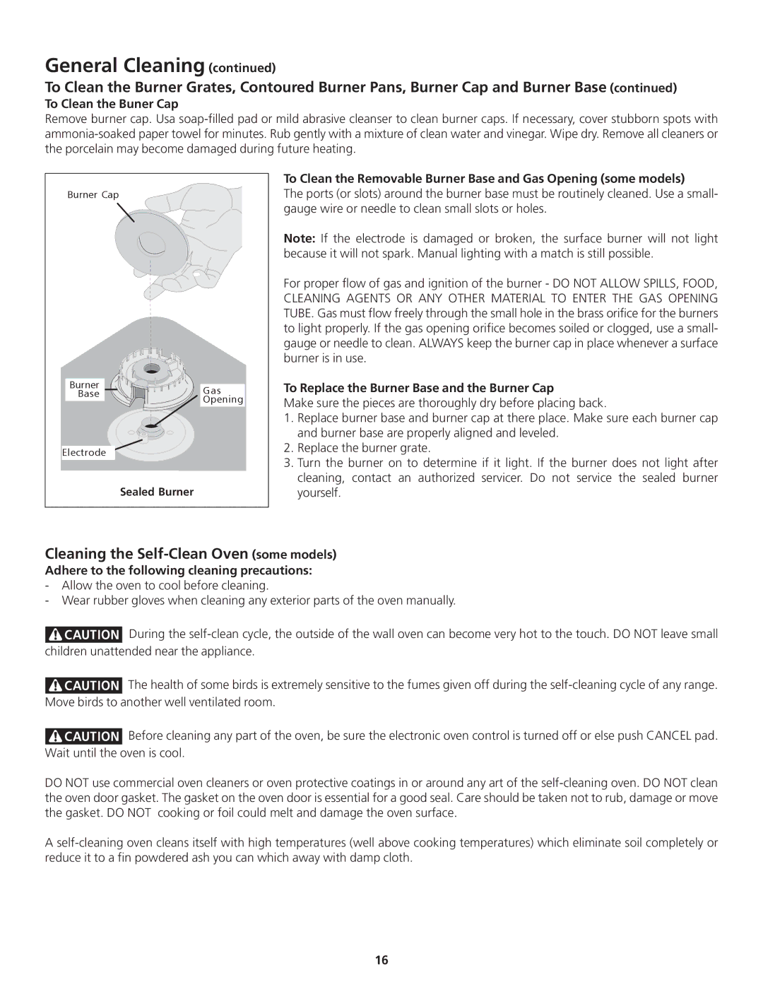 Frigidaire 318200869 manual Cleaning the Self-Clean Oven some models, To Clean the Buner Cap 