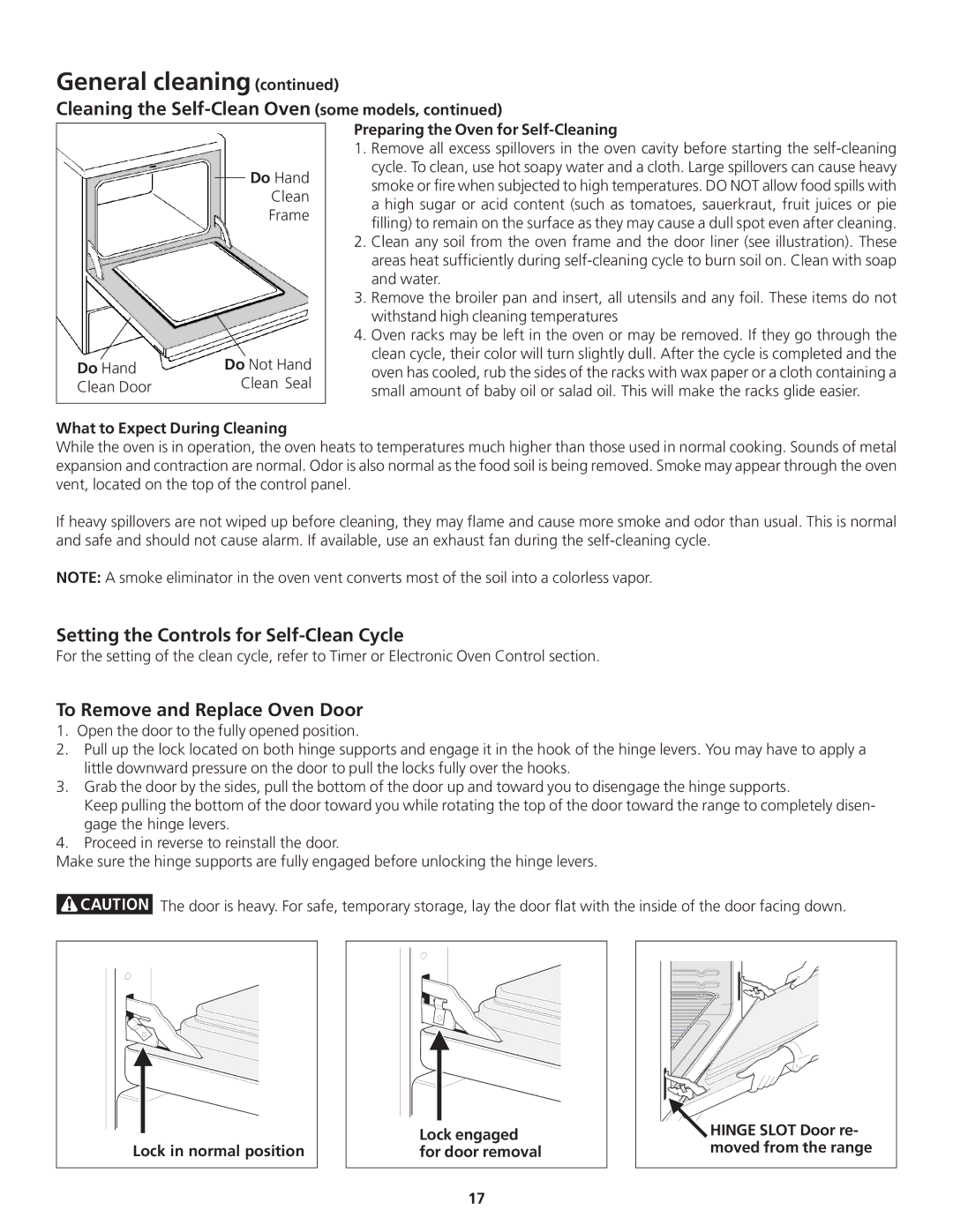 Frigidaire 318200869 manual Setting the Controls for Self-Clean Cycle, To Remove and Replace Oven Door 