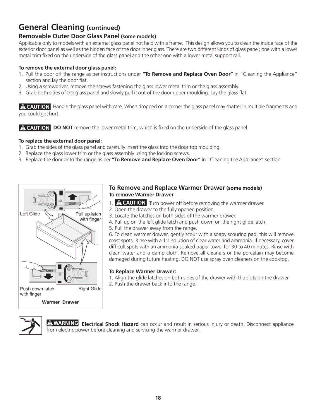 Frigidaire 318200869 manual Removable Outer Door Glass Panel some models, To Remove and Replace Warmer Drawer some models 