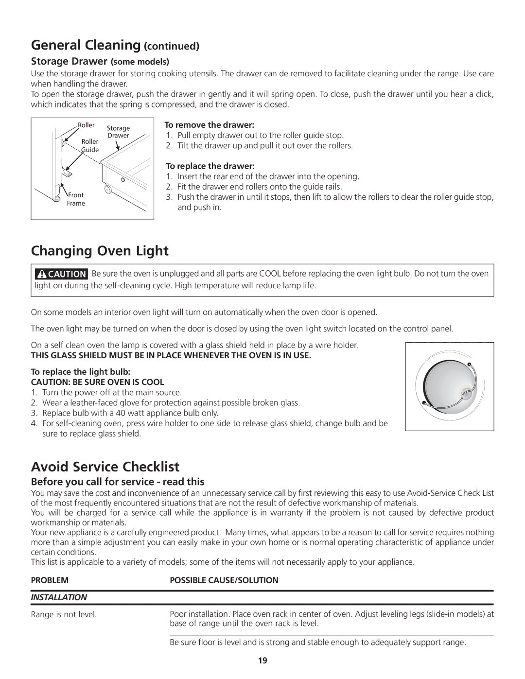 Frigidaire 318200869 manual Changing Oven Light, Avoid Service Checklist, Storage Drawer some models, Installation 