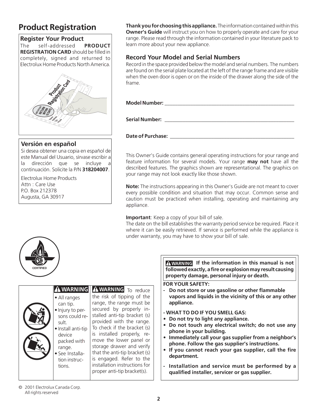 Frigidaire 318200869 Product Registration, Register Your Product, Versión en español, Record Your Model and Serial Numbers 