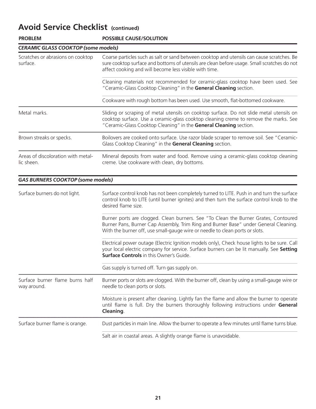Frigidaire 318200869 manual Brown streaks or specks, Glass Cooktop Cleaning in the General Cleaning section 