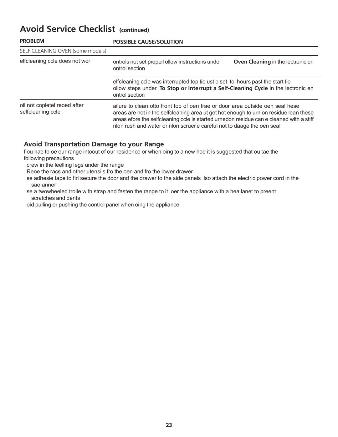 Frigidaire 318200869 manual Avoid Transportation Damage to your Range, Self-cleaning cycle does not work, Control section 