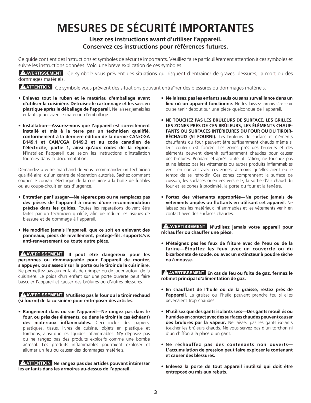 Frigidaire 318200869 manual Mesures DE Sécurité Importantes 