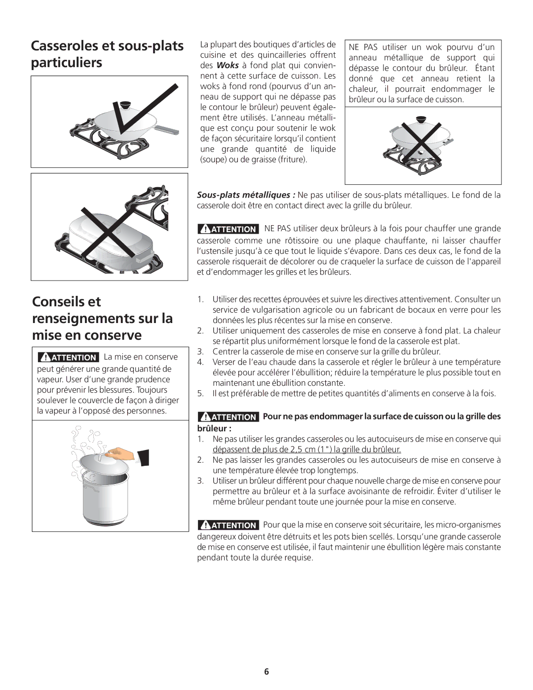 Frigidaire 318200869 manual Casseroles et sous-plats particuliers, Conseils et renseignements sur la mise en conserve 