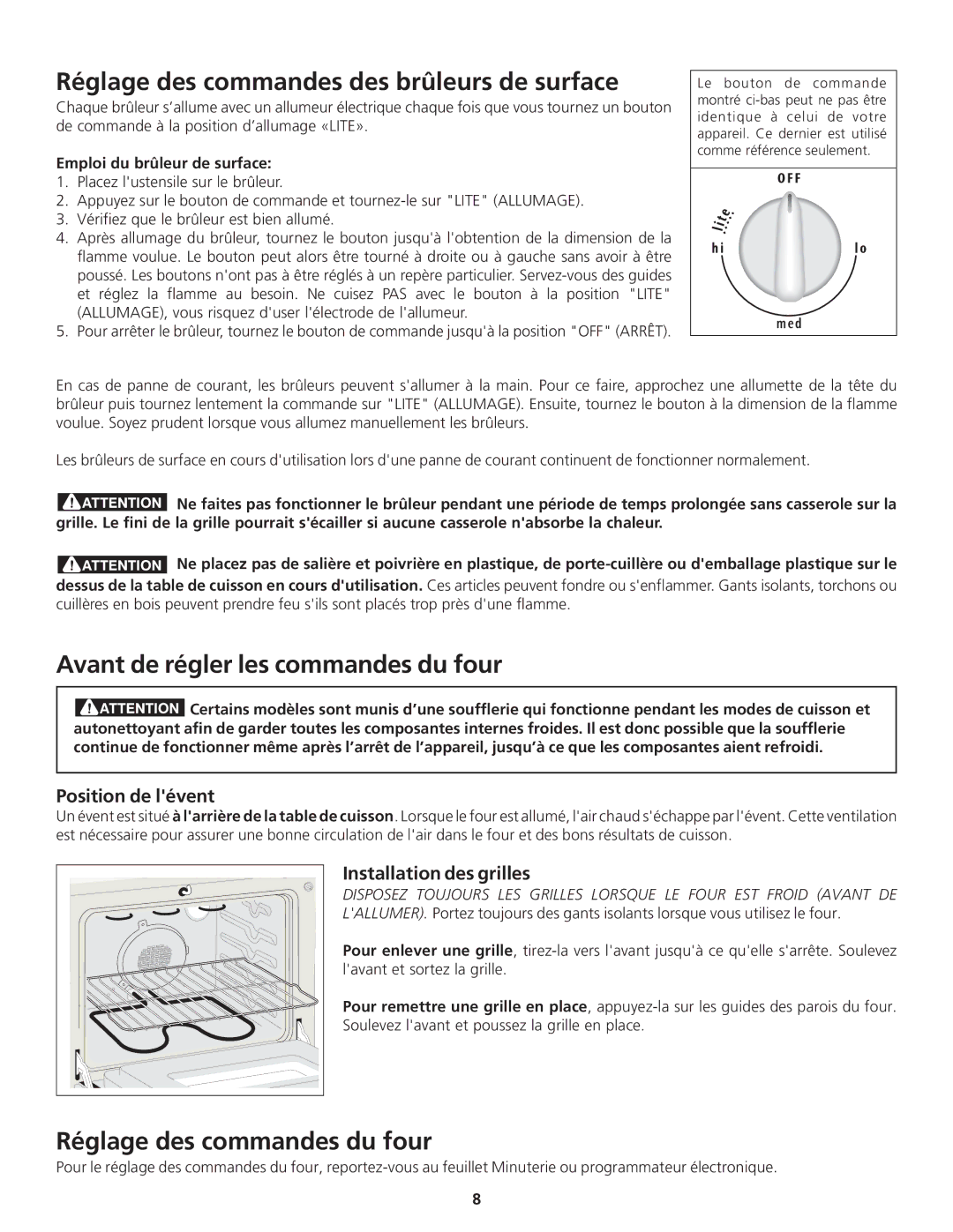 Frigidaire 318200869 manual Réglage des commandes des brûleurs de surface, Avant de régler les commandes du four 