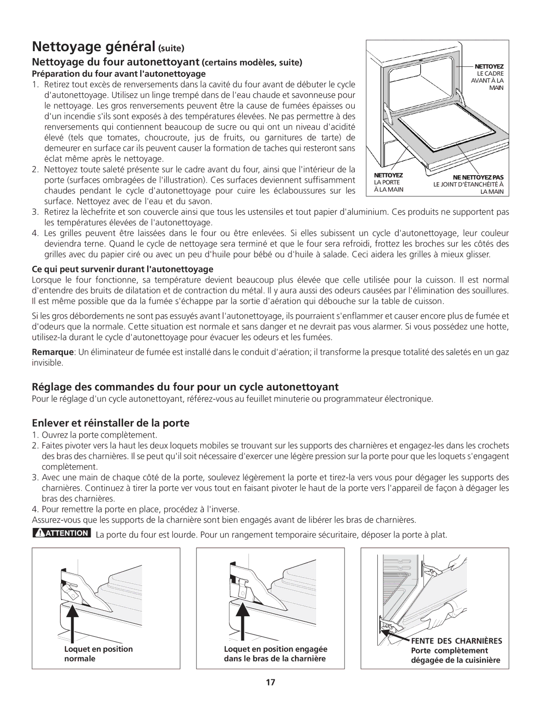 Frigidaire 318200869 manual Nettoyage du four autonettoyant certains modèles, suite, Enlever et réinstaller de la porte 