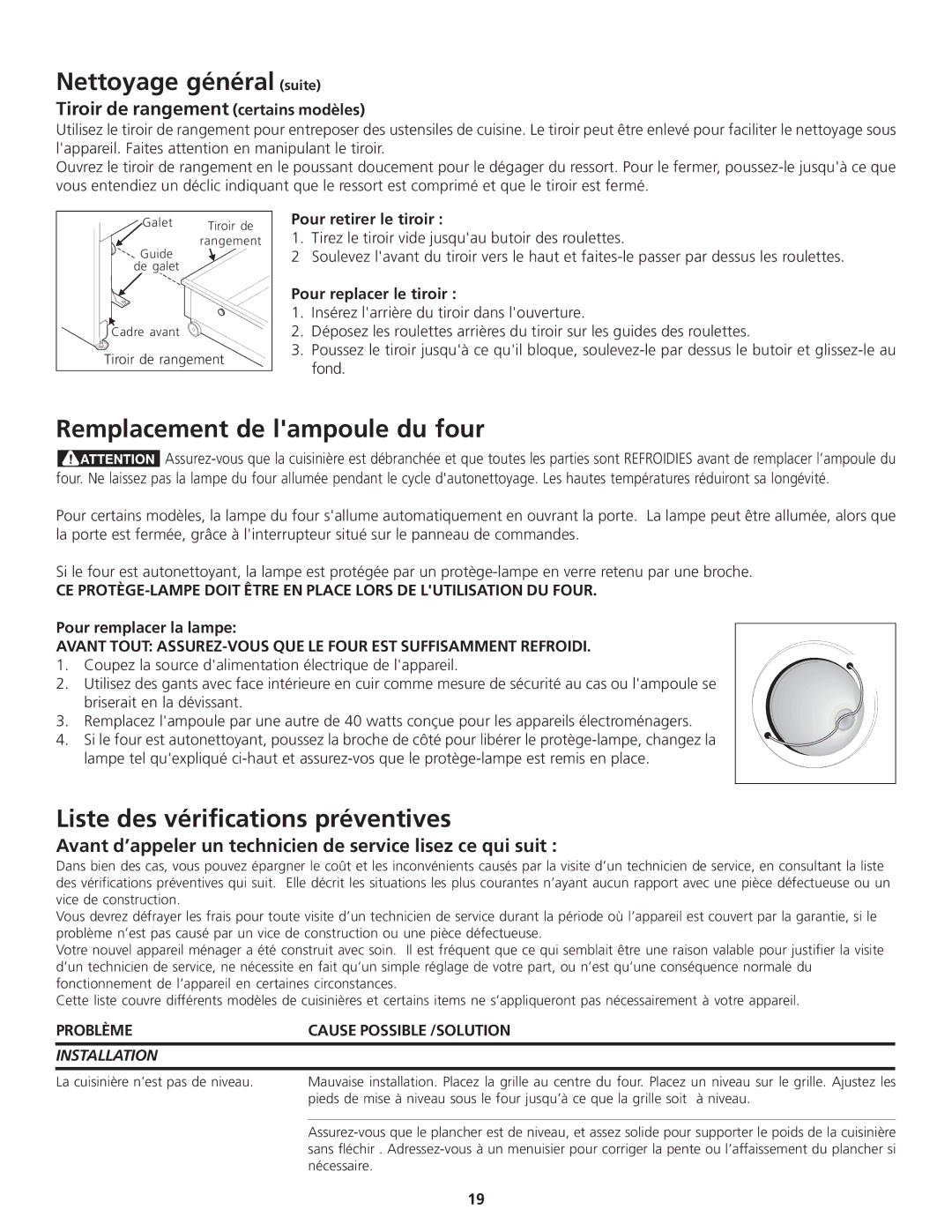 Frigidaire 318200869 manual Remplacement de lampoule du four, Liste des vérifications préventives 