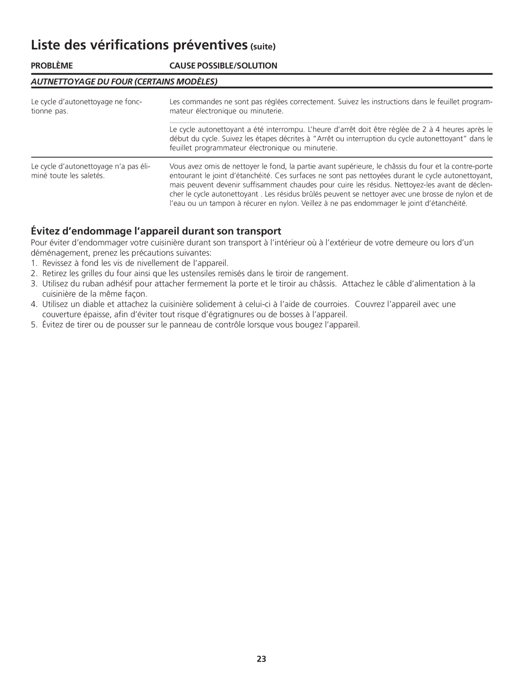 Frigidaire 318200869 manual Évitez d’endommage l’appareil durant son transport, Autnettoyage DU Four Certains Modèles 