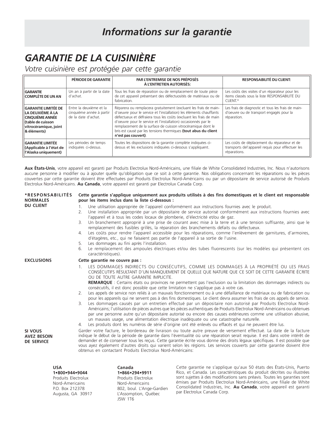 Frigidaire 318200869 manual Garantie DE LA Cuisinière 