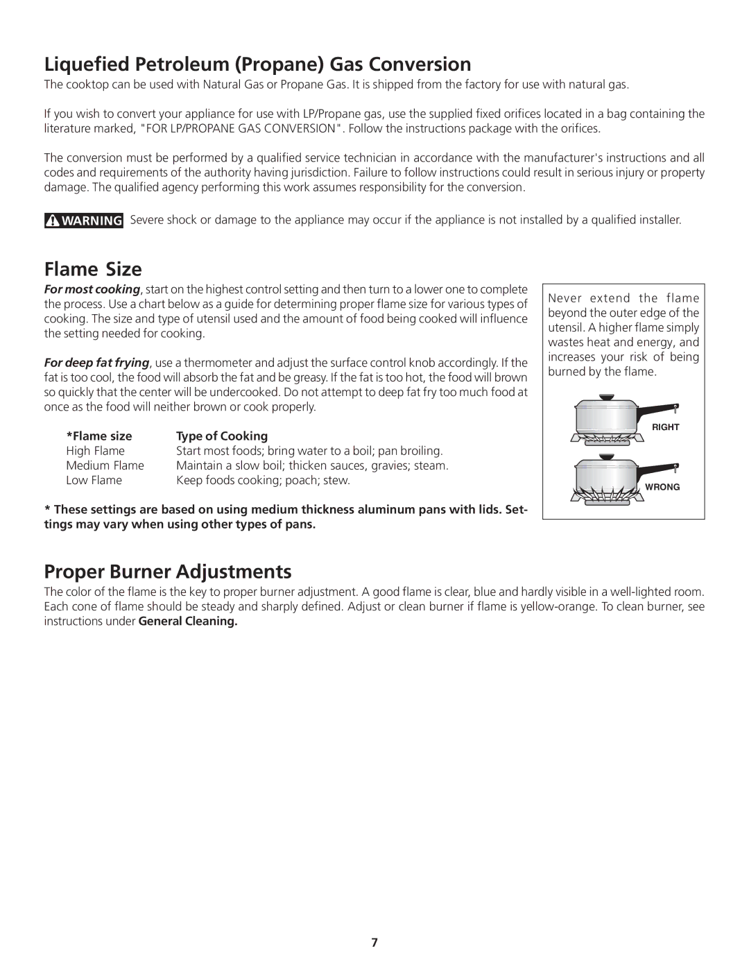 Frigidaire 318200869 manual Liquefied Petroleum Propane Gas Conversion, Flame Size, Proper Burner Adjustments 