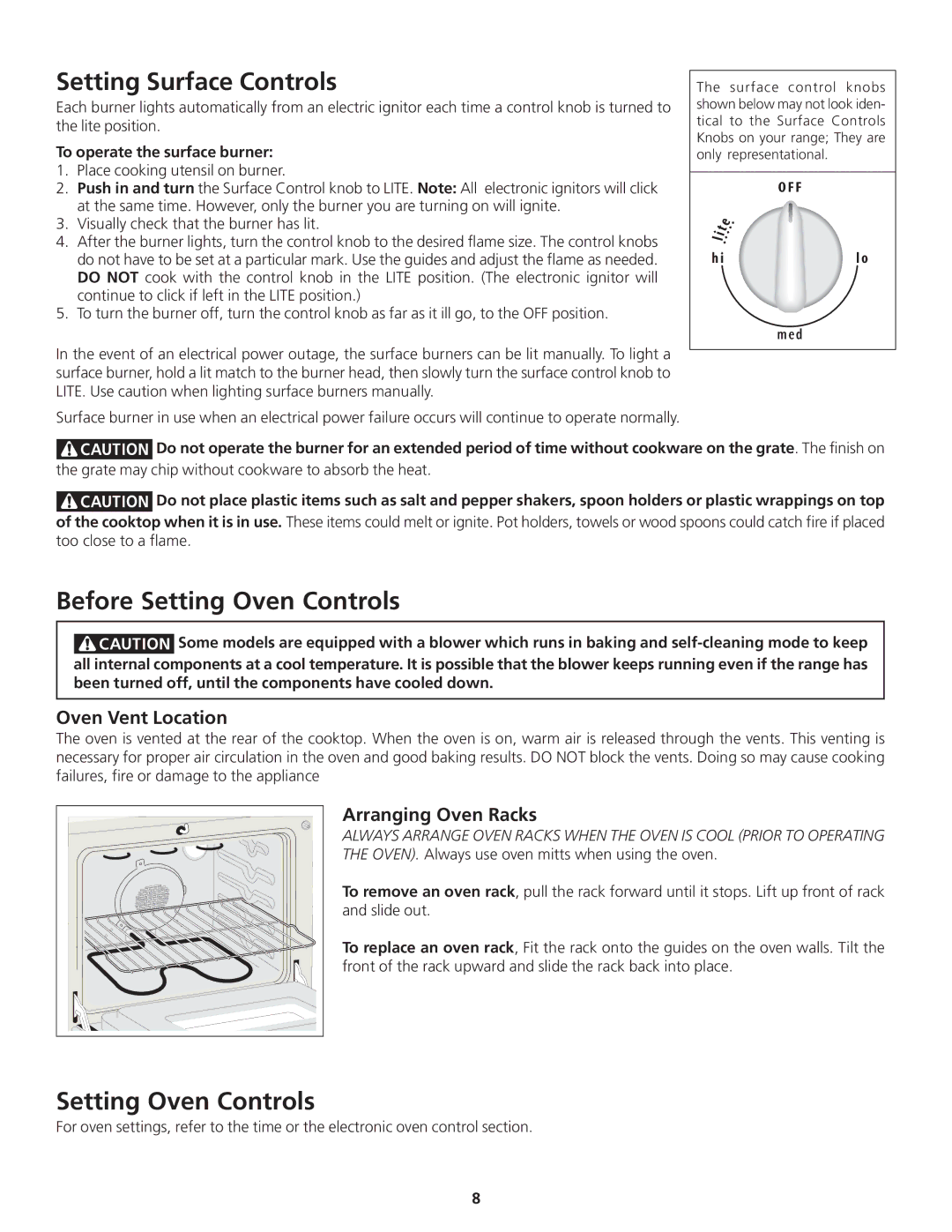 Frigidaire 318200869 Setting Surface Controls, Before Setting Oven Controls, Oven Vent Location, Arranging Oven Racks 